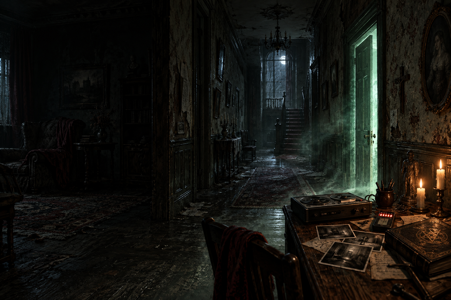 A dark abandoned interior prepared for a paranormal investigation
